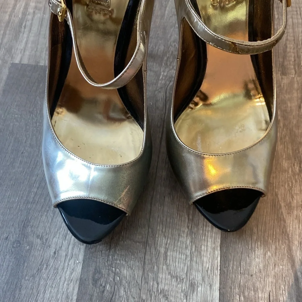 Miu Miu Platform Heels Gold Black Peep Toe
